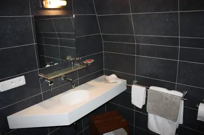 a bathroom with a sink and a mirror at Hotel Gasthof Kapelhof in Erpe-Mere