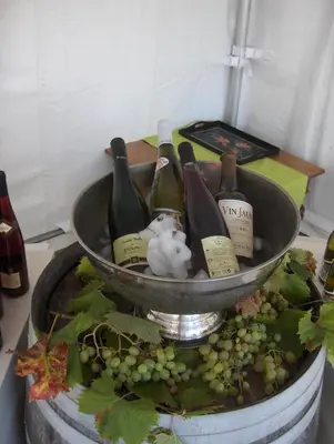 a bucket filled with bottles of wine and grapes at Hotel Gasthof Kapelhof in Erpe-Mere