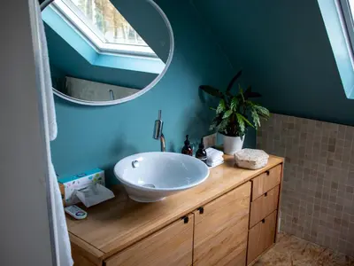 a bathroom with a sink and a mirror at Villa Plagniau in Rixensart