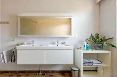 a bathroom with a white sink and a mirror at Appartement224 in Grimbergen