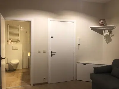 a bathroom with a toilet and a white door at Olives in Brussels