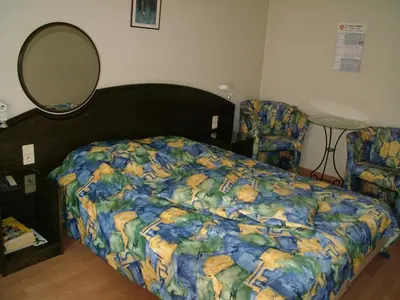 a bedroom with a bed and a mirror and a chair at Alsput Hotel in Halle