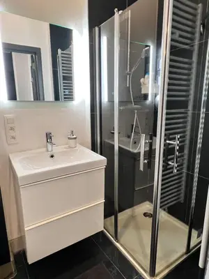a bathroom with a sink and a shower at Modern cozy studio with backyard in Antwerp