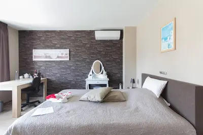 a bedroom with a bed and a desk with a mirror at Guesthouse De Steenberg tweepersoonskamer met grote badkamer, kitchenette en tuinzicht op de eerste verdieping in Geel