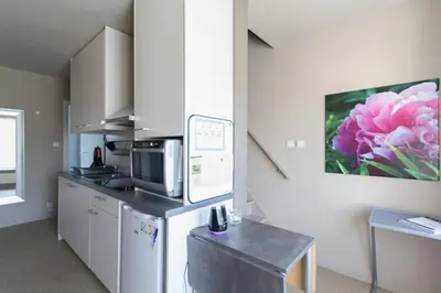 a kitchen with a microwave and a table and a pink flower at Guesthouse De Steenberg tweepersoonskamer met grote badkamer, kitchenette en tuinzicht op de eerste verdieping in Geel