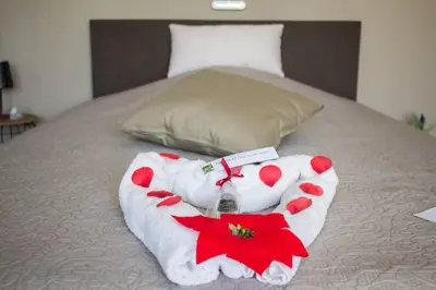 a towel with hearts and a red flower on a bed at Guesthouse De Steenberg tweepersoonskamer met grote badkamer, kitchenette en tuinzicht op de eerste verdieping in Geel