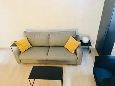 a living room with a couch with two yellow pillows at LivingTheMoment in Ghent