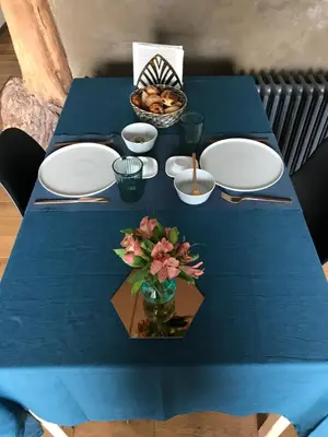 a blue table with plates and a vase with flowers at BNB Nest in Ghent