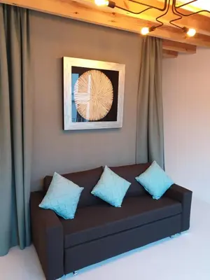 a brown couch with blue pillows in a room at B&B Luxe Suites 1-2-3 in Antwerp