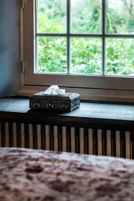 a box sitting on a window sill in front of a window at Rose House B&B in Ghent