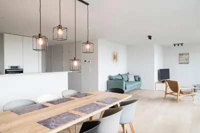 a dining room and living room with a table and chairs at Skyline Flats Gent in Ghent