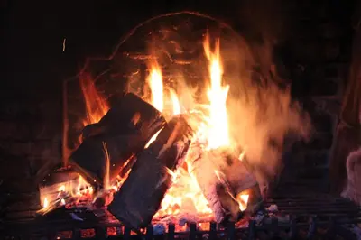 a fire in a brick fireplace with flames at Puur B&B in Antwerp