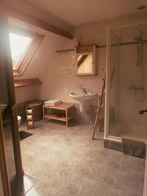 a bathroom with a sink and a shower at De Loteling in Zoersel