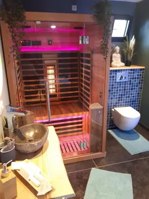 a bathroom with a shower with a toilet and a sink at B&B Alegría in Mechelen