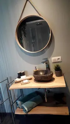 a bathroom with a sink and a mirror on the wall at B&B Alegría in Mechelen
