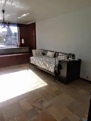 a living room with a bed and a window at Harmony House in Antwerp