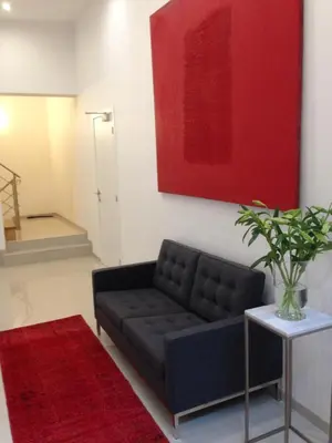 a living room with a black couch and a red painting at Antwerp Town House Accommodations in Antwerp
