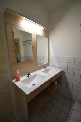 a bathroom with two sinks and a large mirror at Budget Flats Brussels in Brussels