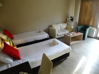 a hotel room with two beds and a couch at Budget Flats Brussels in Brussels