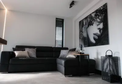 a living room with a black couch and a picture at Lusandre in Olen