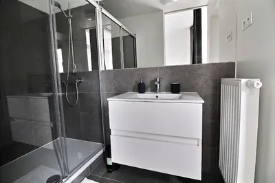 a white bathroom with a sink and a shower at Rent a Flat - Bruxelles in Brussels