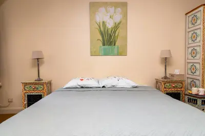 a bedroom with a bed with two tables and a painting at Hotel De Pastorij in Leuven