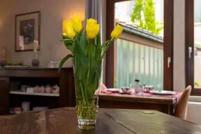 a vase filled with yellow tulips sitting on a table at Hotel De Pastorij in Leuven
