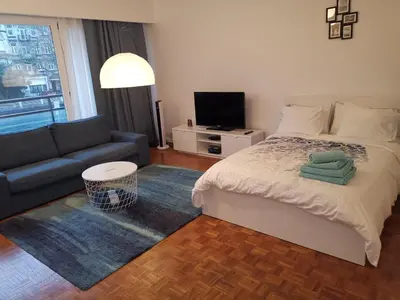 a bedroom with a bed and a couch and a television at Florya Studio Woluwe in Brussels