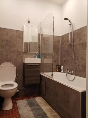 a bathroom with a shower and a toilet and a tub at Florya Studio Woluwe in Brussels