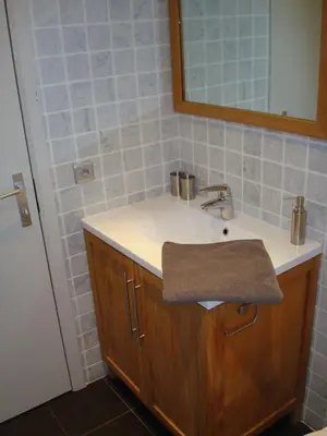 a bathroom with a sink and a mirror at Brigitte & Alain in Brussels