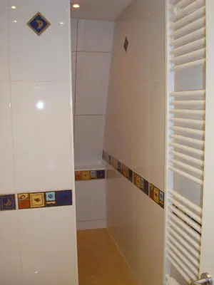 a walk in shower with white walls and tiles at Brigitte & Alain in Brussels