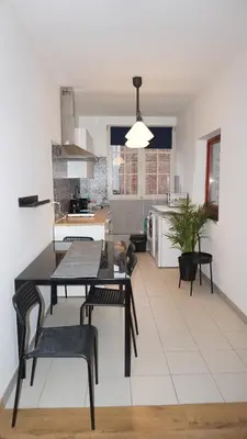 a dining room and kitchen with a table and chairs at Sint-Jans Appartments in Antwerp
