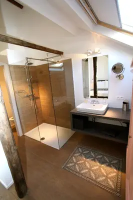 a bathroom with a glass shower and a sink at Coeur Sablon in Brussels