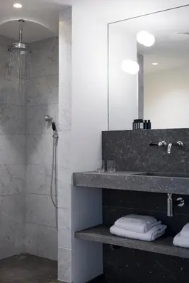 a bathroom with a shower and a sink and a mirror at Hotel Riga in Antwerp