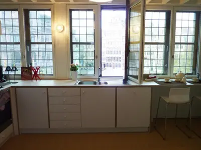 a kitchen with a sink and a bunch of windows at Antwerp old town triplex apartment in Antwerp