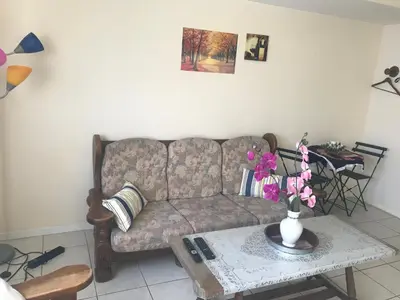 a living room with a couch and a table at Appartements Brussel in Brussels