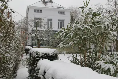 a snow covered garden in front of a white house at B&B Le Verger in Brussels