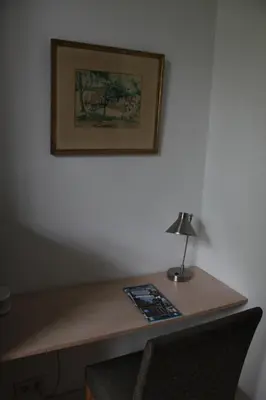 a desk with a lamp and a picture on the wall at B&B Le Verger in Brussels