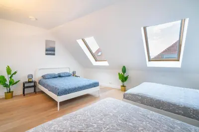 a bedroom with two beds and two windows at Light House Lodge. Apartment in Center of Antwerp in Antwerp