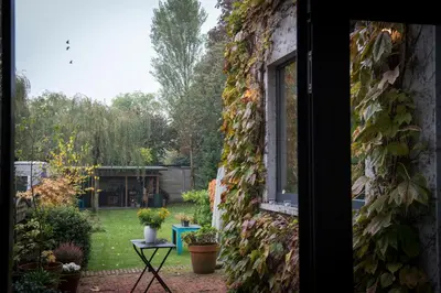 a view of a garden from a window of a house at Henriëtta in Hoboken