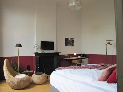 a bedroom with a bed and a fireplace at B&B La Corderie in Hamme