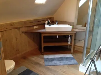 a bathroom with a sink and a mirror at Trommelhoeve Farm Lofts in Boechout