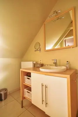a bathroom with a sink and a mirror at B&B Fruithof Tack in Sint-Gillis-Waas