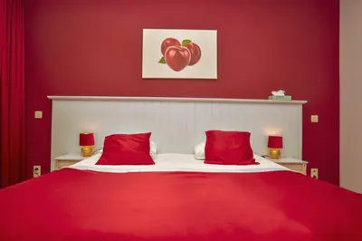 a red bedroom with a large bed with red pillows at B&B Fruithof Tack in Sint-Gillis-Waas