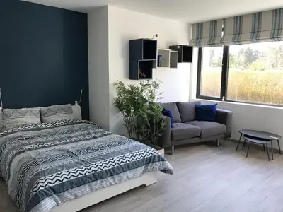 a bedroom with a bed and a couch and a window at Au Calme in Sint-Genesius-Rode