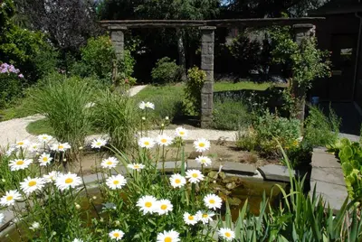 a garden with white flowers and a stone arch at Mon Dieu in Scherpenheuvel-Zichem