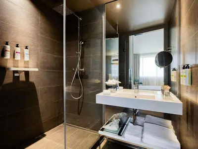 a bathroom with a sink and a shower at Pullman Brussels Centre Midi in Brussels