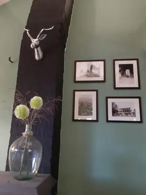 a vase with flowers on a table with pictures on a wall at B&B LoFt 21 in Ravels