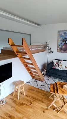 a loft bed in a living room with a couch at Loftsuite in Ghent