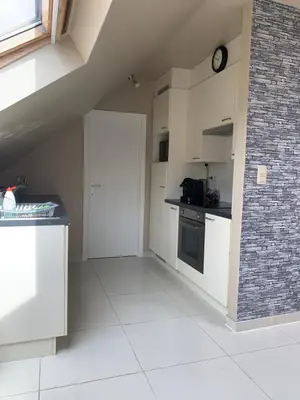 an attic kitchen with white cabinets and a door at Anna Penthouse in Ghent